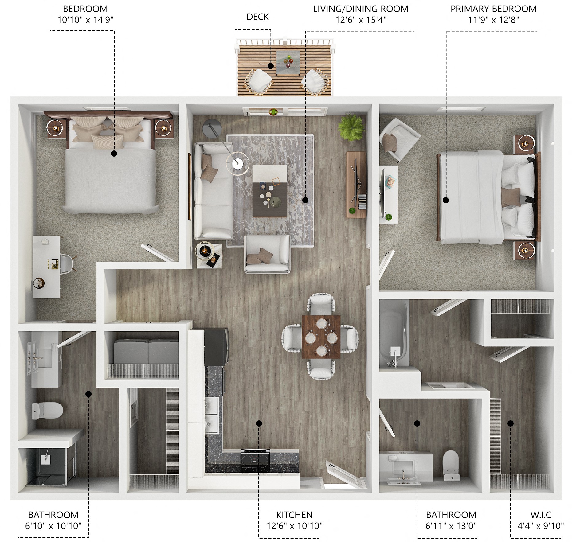 Floor plan for 2 beds, 2 baths, 985 sqft
